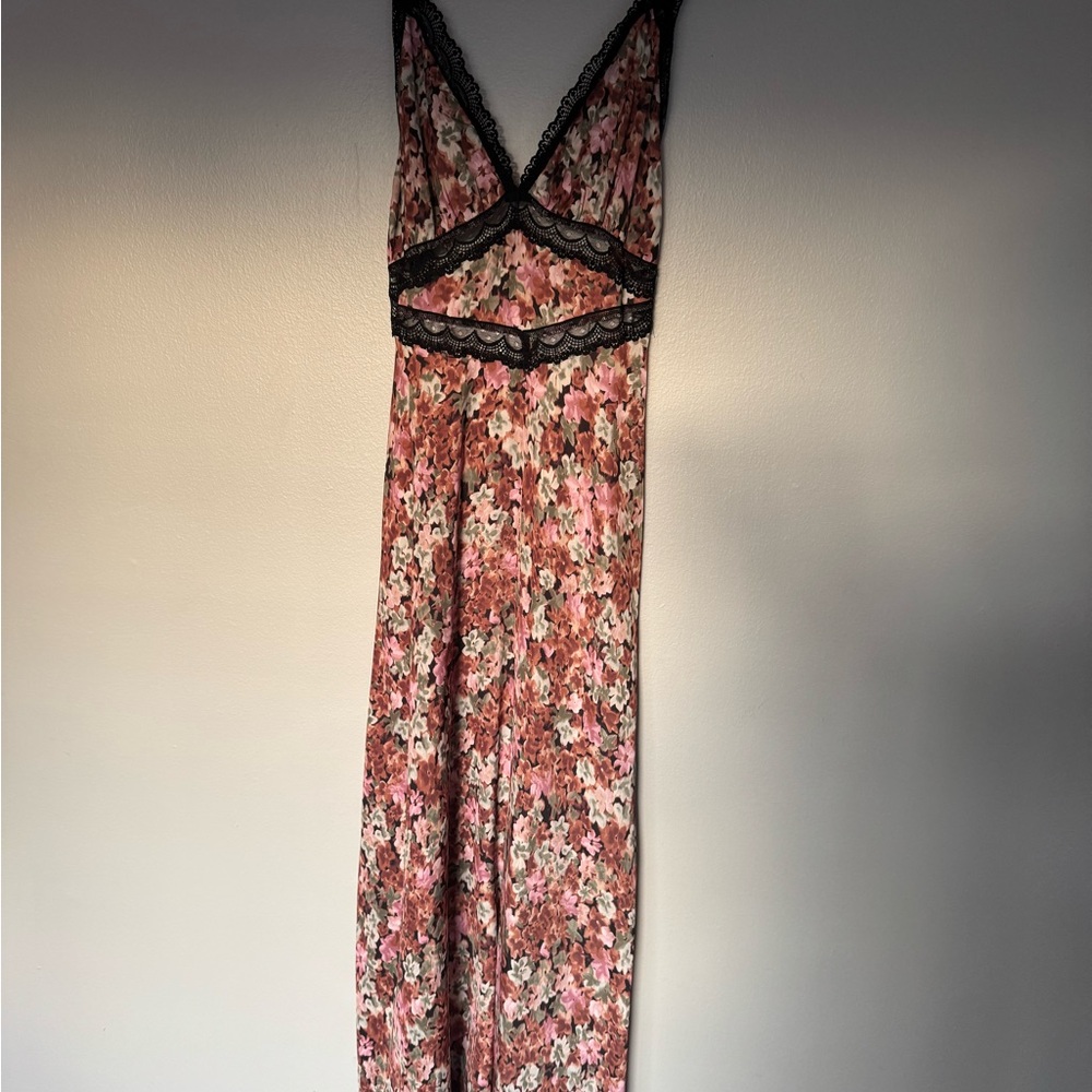 RESA Pink Floral Maxi Dress with Black Lace Trim